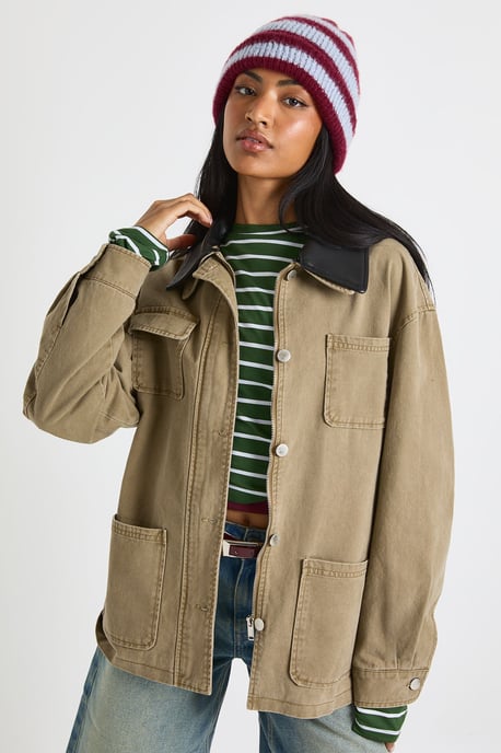 Faux Leather Contrast Collar Barn Jacket - Image 1
