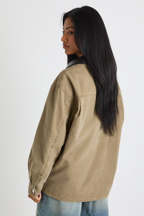 Faux Leather Contrast Collar Barn Jacket - Image 2
