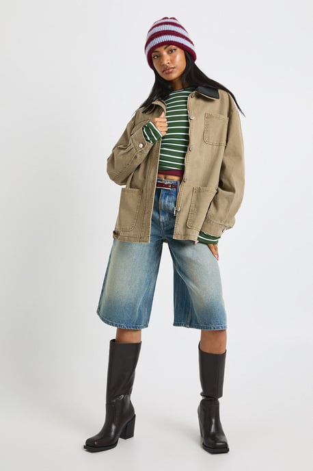 Faux Leather Contrast Collar Barn Jacket - Image 3