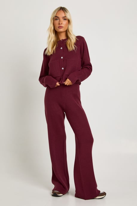 Pocket Detail Crew Neck Knitted Cardigan and Wide Leg Trouser - Image 1