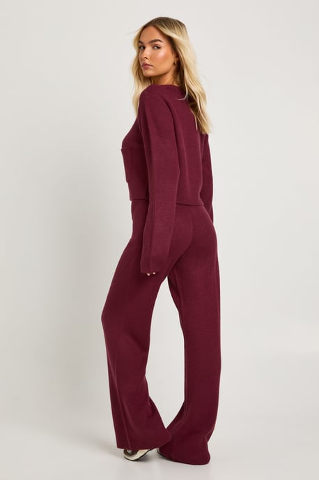Pocket Detail Crew Neck Knitted Cardigan and Wide Leg Trouser - Image 2