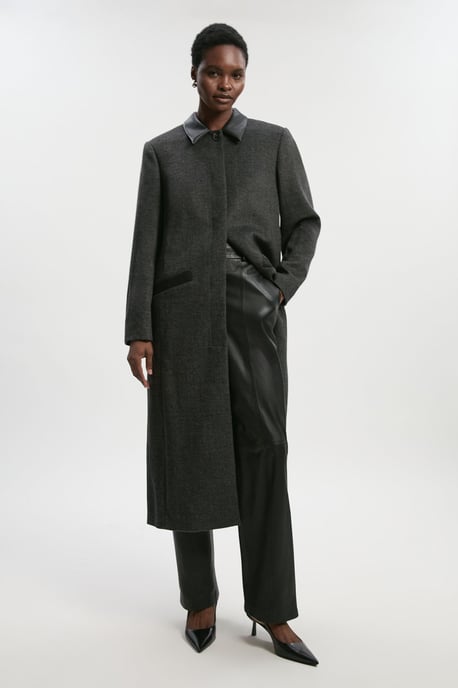 Brushed Wool Check Pu Mix Tailored Midi Coat - Image 1