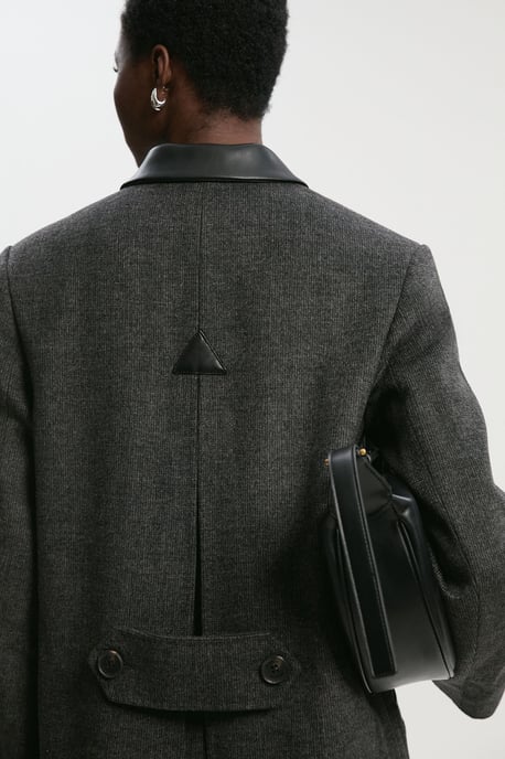 Brushed Wool Check Pu Mix Tailored Midi Coat - Image 3