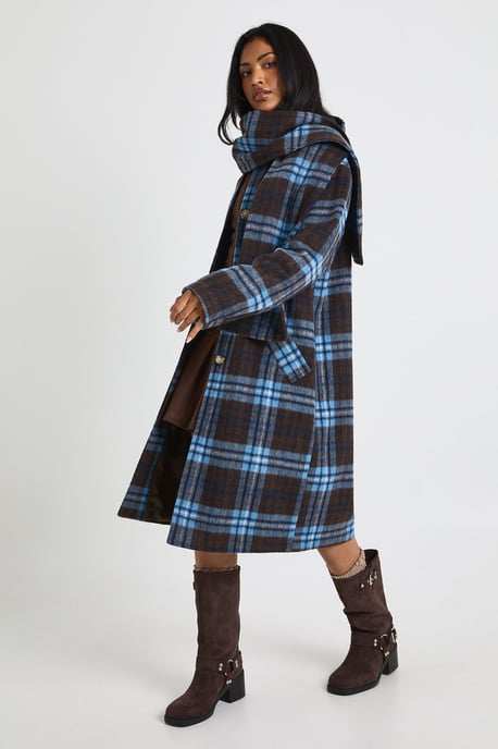 2 in 1 Scarf Check Wool Look Coat - Image 1