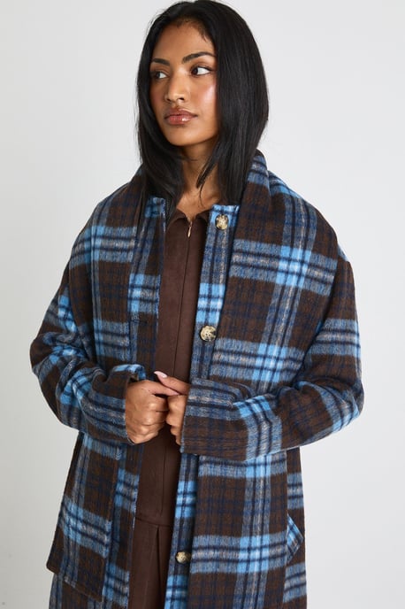 2 in 1 Scarf Check Wool Look Coat - Image 4