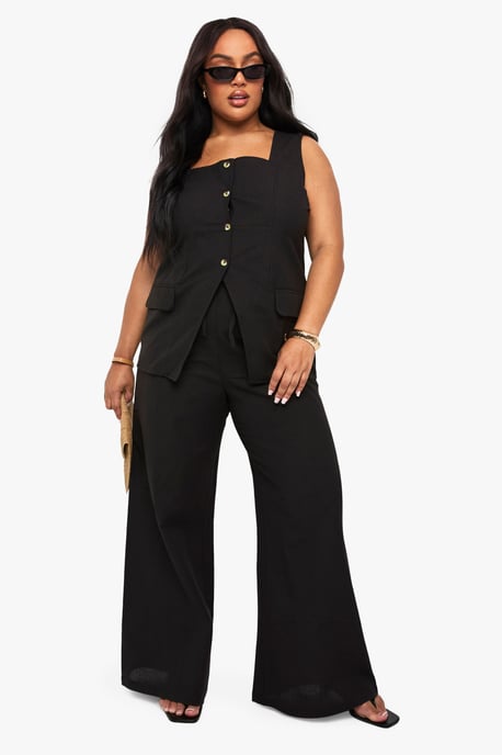 Plus Linen Look Square Neck Waistcoat And Tailored Wide Leg Trouser Co-Ord - Image 1