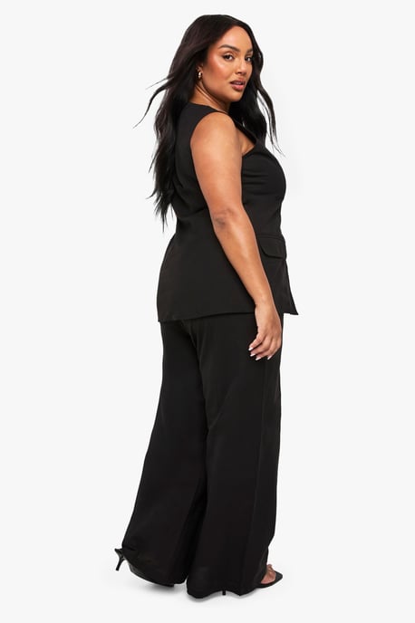 Plus Linen Look Square Neck Waistcoat And Tailored Wide Leg Trouser Co-Ord - Image 2