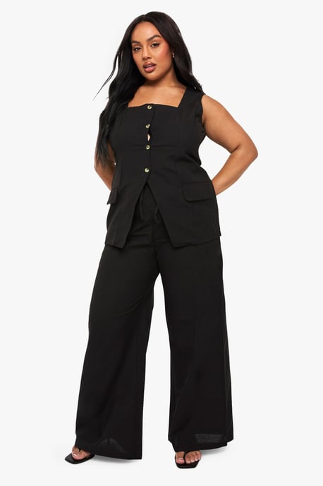 Plus Linen Look Square Neck Waistcoat And Tailored Wide Leg Trouser Co-Ord - Image 3