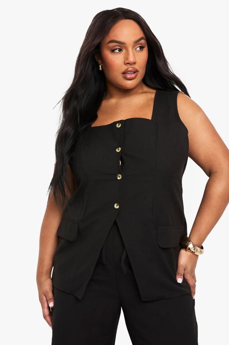 Plus Linen Look Square Neck Waistcoat And Tailored Wide Leg Trouser Co-Ord - Image 4
