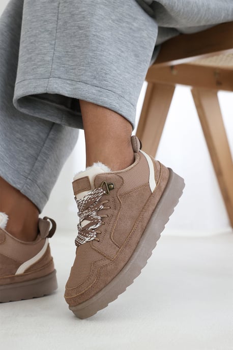 Wheres That From Womens 'Xavia' Suede Low Top Trainer Slipper With Faux Fur Lining - Image 1