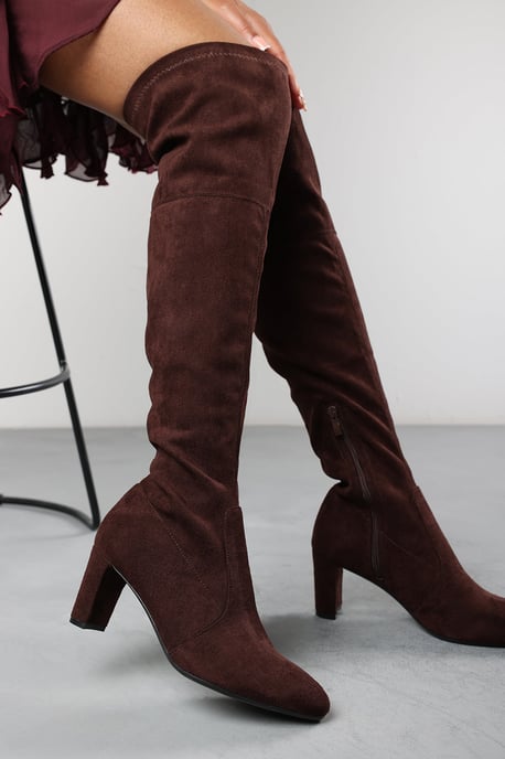 Wheres That From Womens 'Sonya' Dark Suede Block Heel Over The Knee Boots - Image 1