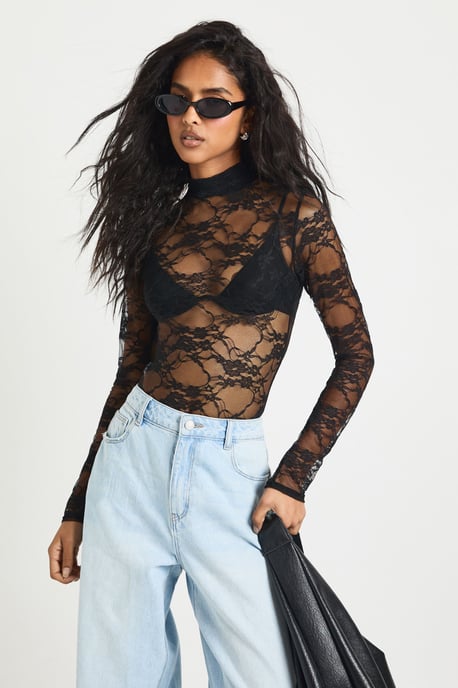 Lace High Neck Long Sleeve Bodysuit - Image 1