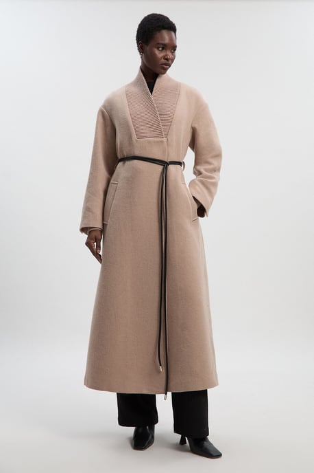 Wool Knitted Wrap Neck Belted Tailored Midi Coat - Image 1