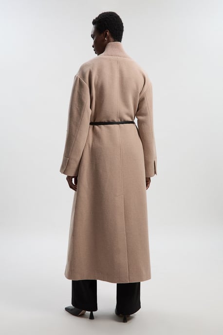 Wool Knitted Wrap Neck Belted Tailored Midi Coat - Image 4