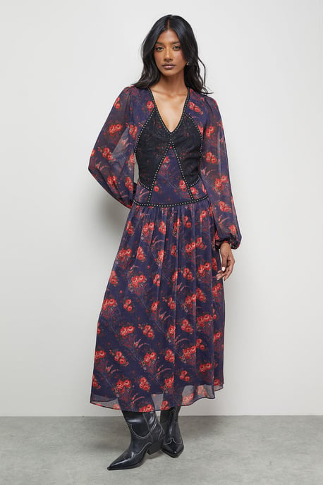 Printed Chiffon Plunge Neck Pleated Maxi Dress - Image 1