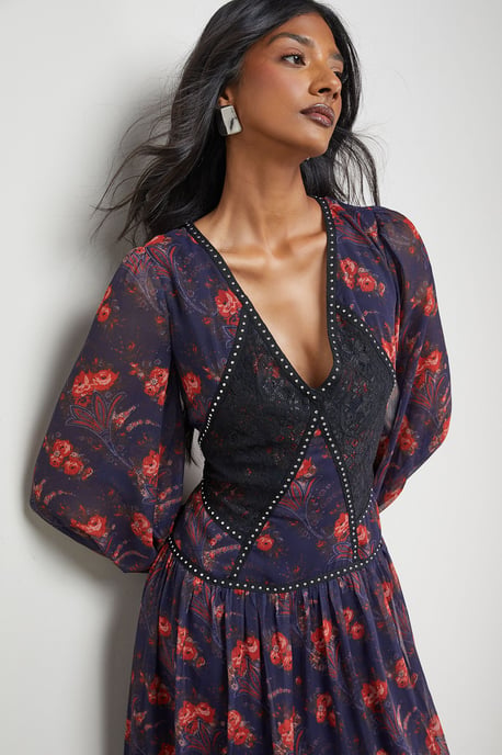 Printed Chiffon Plunge Neck Pleated Maxi Dress - Image 2