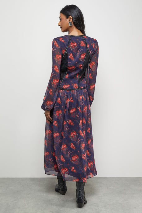 Printed Chiffon Plunge Neck Pleated Maxi Dress - Image 3