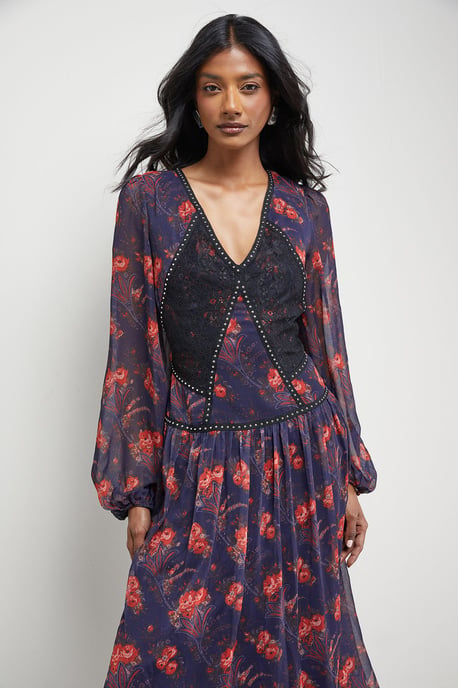 Printed Chiffon Plunge Neck Pleated Maxi Dress - Image 4