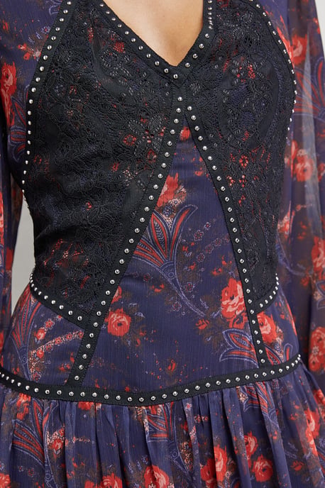 Printed Chiffon Plunge Neck Pleated Maxi Dress - Image 5
