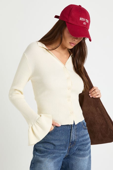 Collar Detail Flare Sleeve Knitted Cardigan - Image 3