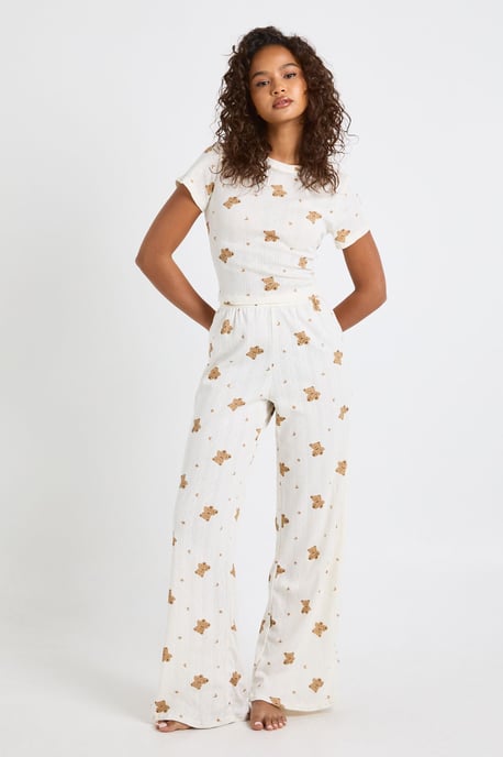 Pointelle Bear Print Baby Tee and Wide Leg Trouser Pyjama Set - Image 3