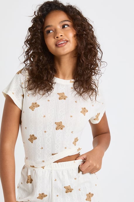 Pointelle Bear Print Baby Tee and Wide Leg Trouser Pyjama Set - Image 4