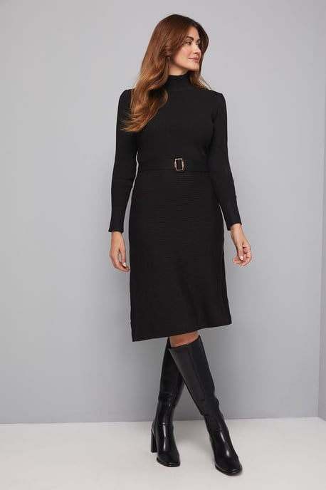 Rib Detail High Neck Belted Knitted Dress - Image 1