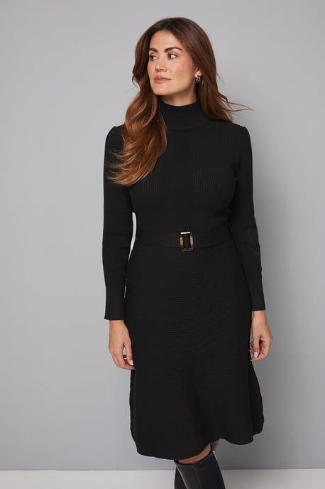 Rib Detail High Neck Belted Knitted Dress - Image 4