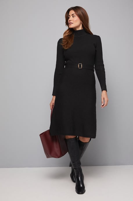 Rib Detail High Neck Belted Knitted Dress - Image 5