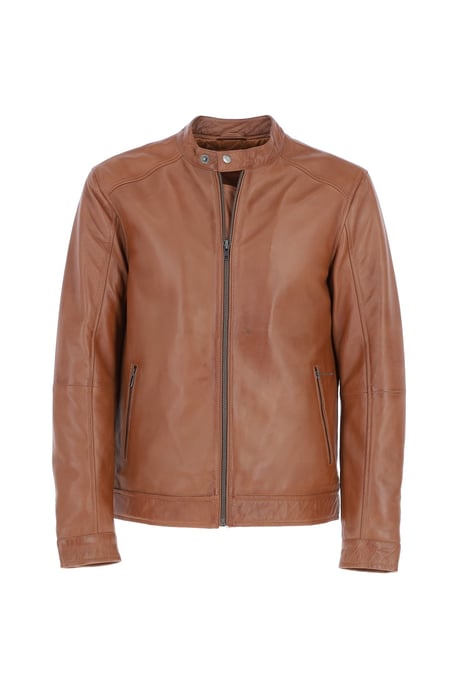 Real Leather Mandarin Collar Biker Jacket - Image 2