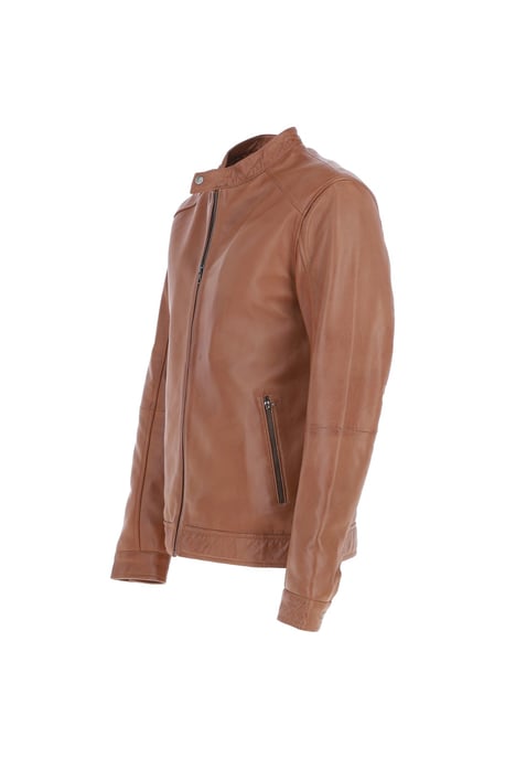 Real Leather Mandarin Collar Biker Jacket - Image 3