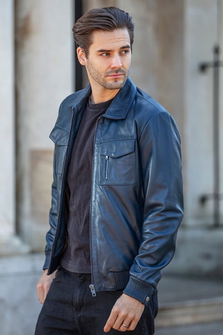 'Torino Classic' Real Leather Classic Bomber Jacket With Brando Collar - Image 1