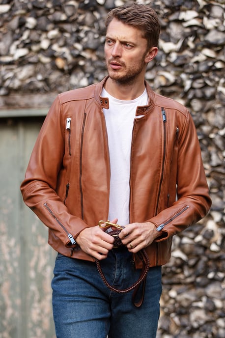 'Rocco' Mens Leather Dual Cross Zip Stylish Biker Jacket - Image 1