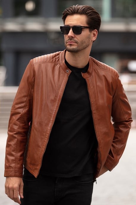 'Elio' Ashwood Leather Mandarin Collar Biker Jacket - Image 1