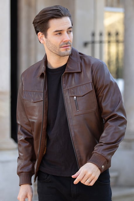 'Torino Classic' Real Leather Classic Bomber Jacket With Brando Collar - Image 1