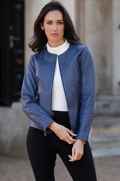'Francesca' Collarless Real Leather Fashion Jacket - Image 1