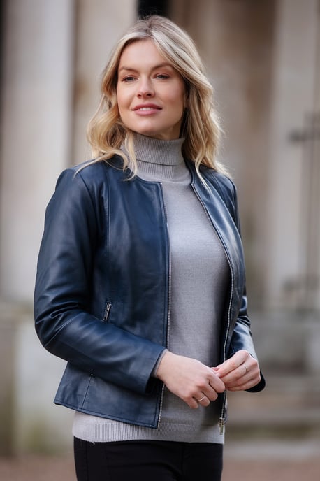 'Corina' Collarless Casual Leather Jacket - Image 1