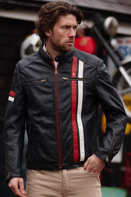'GB McQueen' Real Leather Jacket With Striking Contrast Stripe Details - Image 1