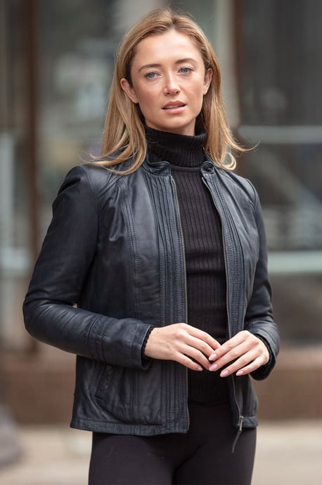 Real Leather Mandarin Collar Jacket - Image 1