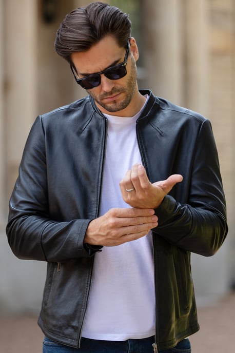 'Fons' Leather Slim Fit Biker Jacket - Image 1