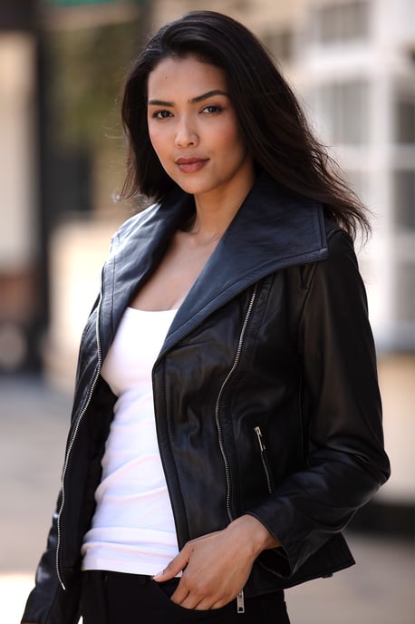 'Isabella' Real Leather Wide Collar Biker Jacket - Image 1