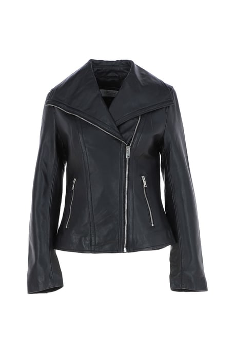'Isabella' Real Leather Wide Collar Biker Jacket - Image 2