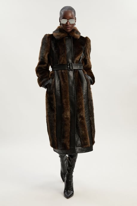 Faux Fur PU Panelled Belted Midi Coat - Image 1