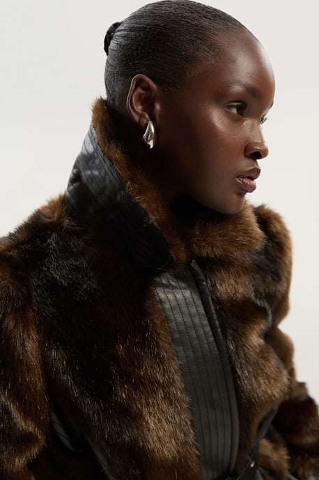 Faux Fur PU Panelled Belted Midi Coat - Image 2