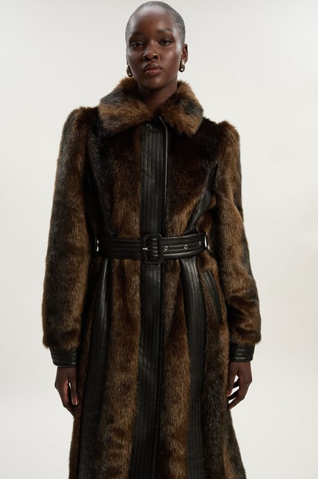 Faux Fur PU Panelled Belted Midi Coat - Image 3