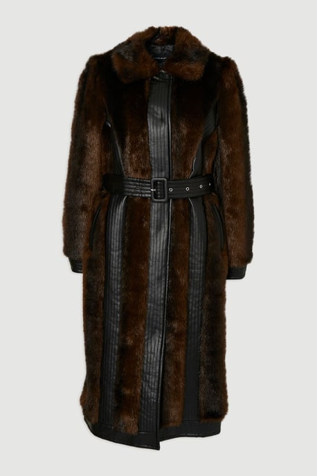 Faux Fur PU Panelled Belted Midi Coat - Image 4