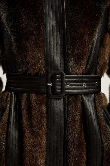 Faux Fur PU Panelled Belted Midi Coat - Image 5