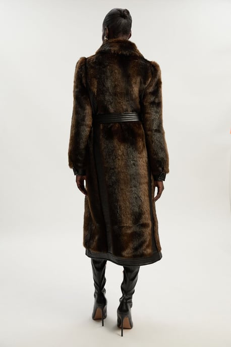 Faux Fur PU Panelled Belted Midi Coat - Image 6