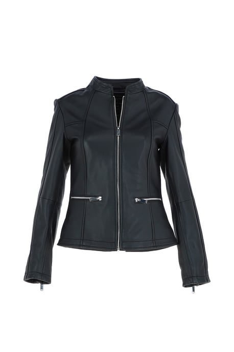 'Chiara' Mandarin Collar Real Leather Biker Jacket - Image 2