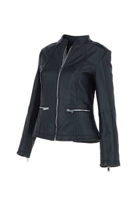'Chiara' Mandarin Collar Real Leather Biker Jacket - Image 3